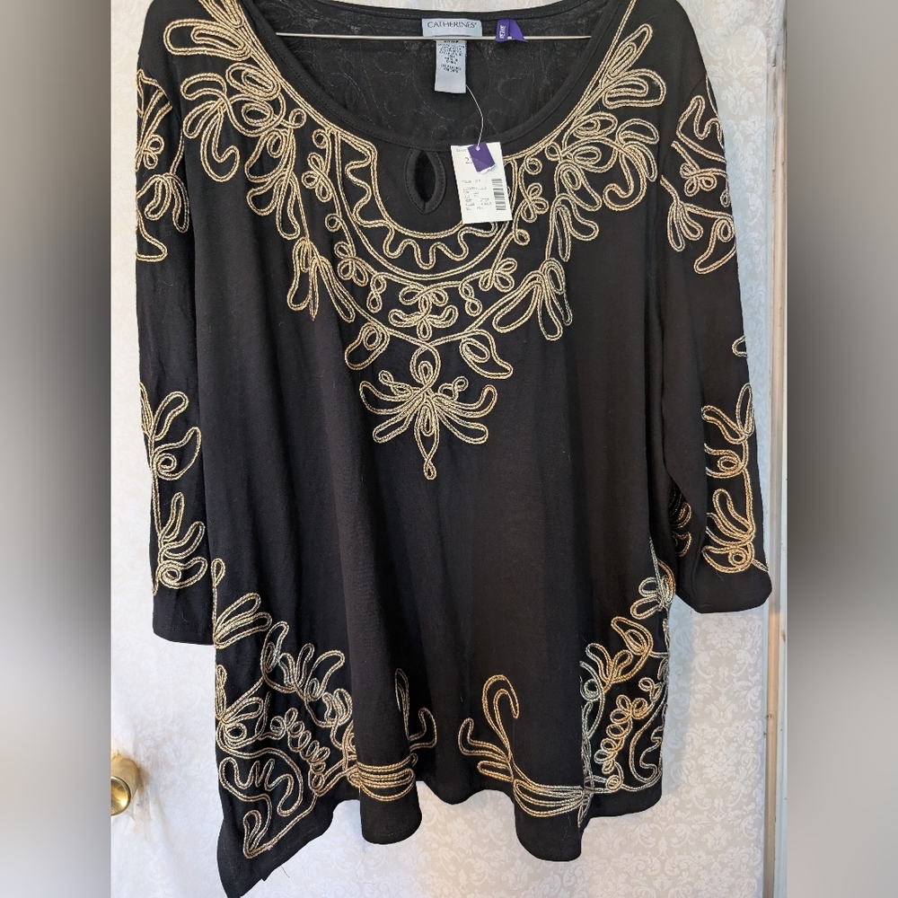 Catherines NWT Black w Gold Detail Top Sz.2X WP - Picture 3 of 17